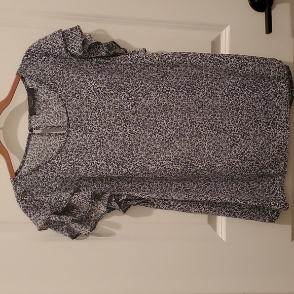 Rachael Roy ruffle sleeve scoopneck button keyhole blue,black, cream top Medium - Picture 1 of 8